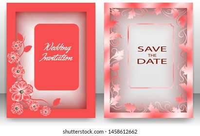  Set of two wedding invitations or invitations to a celebration, birthday, anniversary. Color coral pink. Vector illustration.