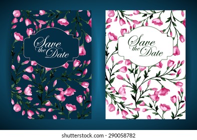 Set of two wedding invitations or greeting cards with pink flowers.  Watercolor hand drawing. Vector illustration