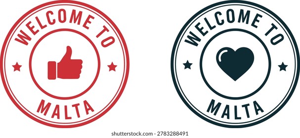 Set of two welcome to Malta stamp style badges with thumbs up and heart icons on white background