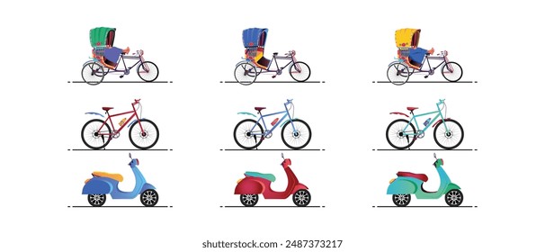 A set of Two wheelers, Bicycle scooter and rickshaw illustrations Bangladeshi Rickshaw art Tri cycle of Dhaka city