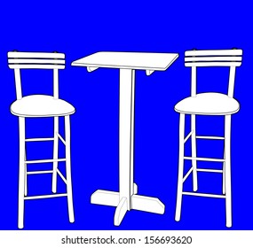 Set of two white bar stools and table vector isolated on blue background. Fast food interior with wooden chairs and table .