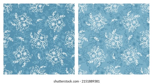 Set Of Two White Blue Floral Patterns. Bouquet Of Daisies Seamless Pattern. Vintage Outline Flowers. Ditsy Print. Vector Illustration.