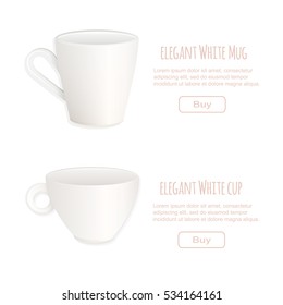 Set of two white cups for coffee and tea, vector illustration. Online website page concept, description, buy button.