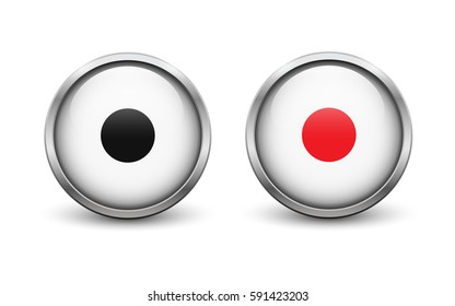 Set of two white On and Off record buttons with metal frame and shadow