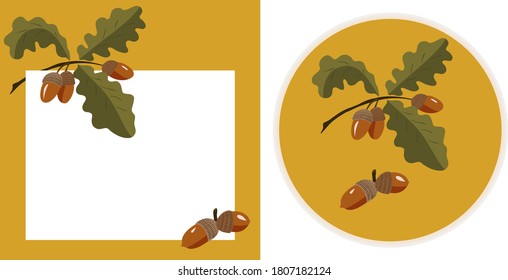 
A set of two wind postcards on an autumn theme. On a yellow background, a branch of an oak tree with leaves and fruits. Two acorns below.