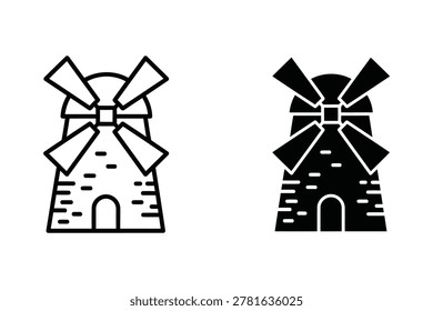 A set of two windmill icons featuring a traditional rural building design, presented in both outline and solid black silhouette styles on a white background, nobody.