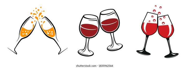 Set with two wineglass icons, logo, sign, emblem – stock vector