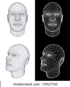 Set of Two Wireframe Views of a Human Head at the Different Angles on White and Black Background. Vector Illustration