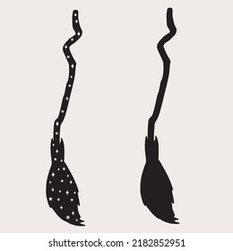 Set of two witch brooms. Simple and with stars. Magical vector art.