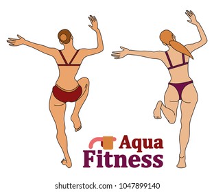 Set of two women doing their aqua fitness exercises. You can see their back. Movements. On white background. Logo vector for aqua aerobic.