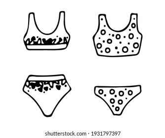 Un conjunto de dos bañeras femeninas con diferentes impresiones. Ilustración vectorial dibujada a mano en un doodle de estilo de contorno. Ilustración de verano para diseño, impresión, postal, afiche, pegatina.