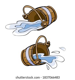 set of two wooden buckets that fell and splashed out of them water, cartoon illustration, isolated object on white background, vector, eps