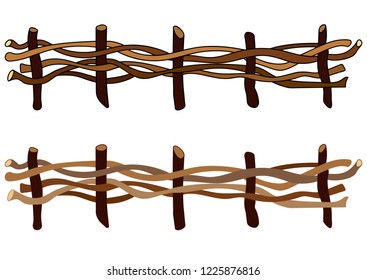 A set of two wooden fences with and without stroke. Wicker fences made of crooked twigs. Vector illustration isolated on white background in EPS 10.