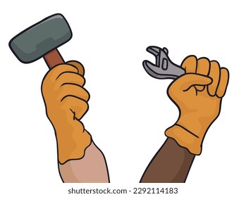 Set with two workers' arms, one with a hammer and the other with an adjustable wrench. Cartoon style design on white background.