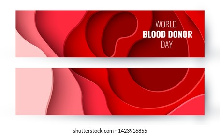 Set of two World Blood Donor Day vector paper cut banners. Abstract medical backgrounds with red paper cut blood color layers. 14 june. Hemophilia day poster
