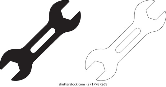 Ein Satz von zwei Schraubenschlüssel-Symbolen, ein massives Schwarz und eines mit schwarzen Punkten umrissen, auf sauberem, weißem Hintergrund für Werkzeug- oder Hardware-Designs