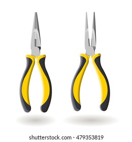 Set of two yellow long nose pliers, open and close, isolated on white background, realistic vector illustration