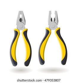 Set of two yellow pliers, open and close, on white background, realistic vector illustration