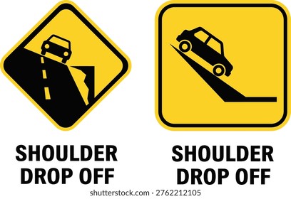 Set of two yellow road signs warning about shoulder drop off conditions, featuring a car on a steep edge, isolated on white background.