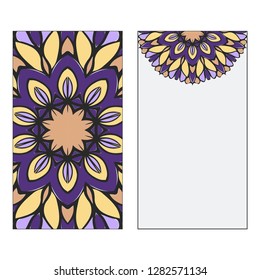Set of two Yoga card, flyer, poster. Template with mandala for spiritual retreat or yoga studio. Business cards, oriental pattern. Vector illustration. Islam, arabic, indian, ottoman motifs.