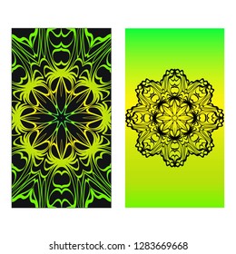 Set of two Yoga card, flyer, poster. Template with mandala for spiritual retreat or yoga studio. Business cards, oriental pattern. Vector illustration. Islam, arabic, indian, ottoman motifs.