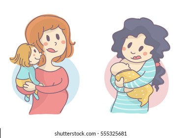 Set of two young mothers, one is pregnant and holding small child, the other is breastfeeding her baby, vector illustration, all on white background.