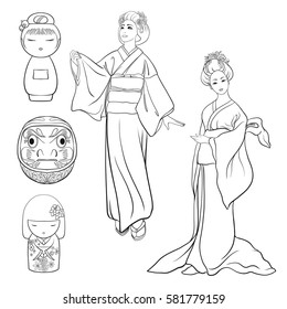 Set of two Young women in traditional Japanese kimono and traditional Japanese toys, isolated drawing. Stock line vector illustration. Outline drawing.