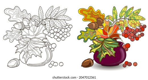 Zwei Bilder im zentangle-Stil mit Herbstblättern, Akornen und Rowan-Zweig