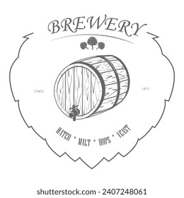 Set of two-color beer craft badges. Vector illustration. Contains arrows with hops arowhead, ribbon, bottles, mugs, barrel, hops, hand with hops.. Item 10