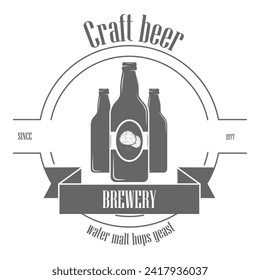 Set of two-color beer craft badges. Vector illustration. Contains arrows with hops arowhead, ribbon, bottles, mugs, barrel, hops, hand with hops.. Item 1