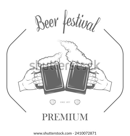 Set of two-color beer craft badges. Vector illustration. Contains arrows with hops arowhead, ribbon, bottles, mugs, barrel, hops, hand with hops.. Item 5