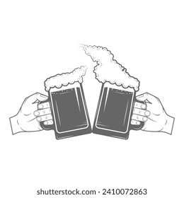 Set of two-color beer craft icons. Vector illustration. Contains arrows with hops arowhead, ribbon, bottles, mugs, barrel, hops, hand with hops.. Item 8