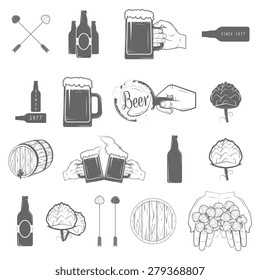 Set of two-color beer craft icons. Vector illustration. Contains arrows with hops arrowhead, ribbon, bottles, mugs, barrel, hops, hand with hops.