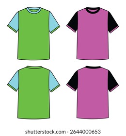 A set of two-color block short-sleeved t-shirt mockups, presented from both front and back views. One t-shirt features a vibrant green body with light blue sleeves and collar, while the other displays