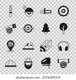 Set Two-handed saw and log, Headphones, Tree, Chainsaw, Electric circular, Hand, Rasp metal file and Christmas tree icon. Vector