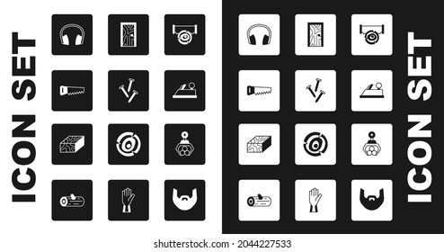 Set Two-handed saw and log, Metallic nails, Hand, Headphones, Wood plane tool, Closed door, Grapple crane grabbed and Wooden beam icon. Vector