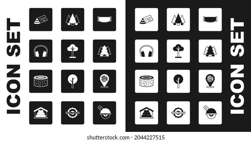 Set Two-handed saw, Tree, Headphones, Wooden beam, Christmas tree, logs and stump icon. Vector