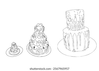 Set of two-tier cakes. Vector illustration in doodle style on white background.