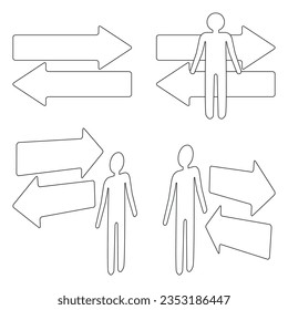 Set  of two-way arrow icon in line style. A man stands near the arrows pointing in different directions. Choice, option, opportunity, split, road, choose. Goal setting, choosing alternative path.