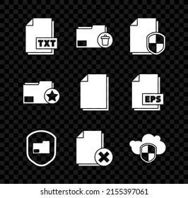 Set TXT file document, Delete folder, Document protection concept, Cloud and shield, with star and  icon. Vector