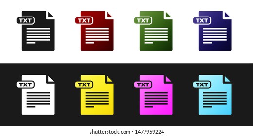 Set TXT file document. Download txt button icon isolated on black and white background. Text file extension symbol.  Vector Illustration