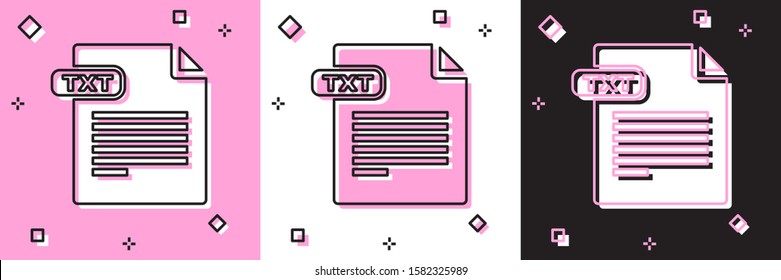 Set TXT file document. Download txt button icon isolated on pink and white, black background. Text file extension symbol.  Vector Illustration