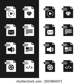 Establezca el documento de archivo TXT, el icono EML, GIF, RUBY, WMA, PDF, HTML y AVI. Vector