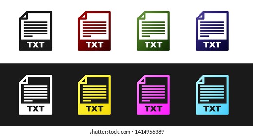 Set TXT file document icon. Download txt button icon isolated on black and white background. Text file extension symbol. Vector Illustration