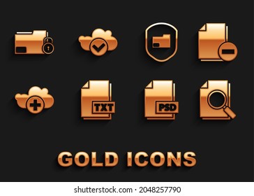 Set TXT file document, Document with minus, search, PSD, Add cloud, folder protection, Folder and lock and Cloud check mark icon. Vector