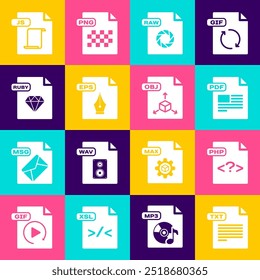 Set TXT file document, PHP, PDF, RAW, EPS, RUBY, JS and OBJ icon. Vector