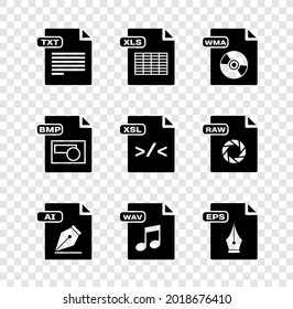 Set TXT file document, XLS, WMA, AI, WAV, EPS, BMP and XSL icon. Vector
