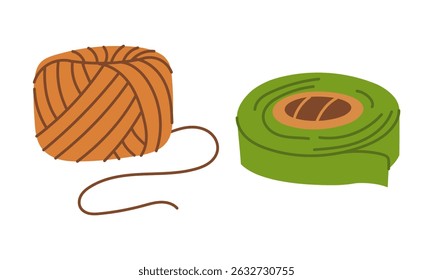 set for tying plants. Ribbon and rope. Flat color isolated illustration. Gardening tools. Seasonal work. Agricultural crop items. Suitable for ecology, garden, cleaning, household, packaging design