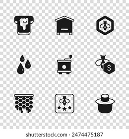Set Type of bee, Sale bees, Beekeeper with protect hat, Honey extractor, and honeycomb, Bread, Hive for and Drops icon. Vector
