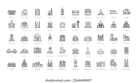 Set of type of houses icons. Line art style icons bundle. vector illustration